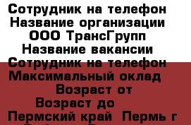 Сотрудник на телефон › Название организации ­ ООО ТрансГрупп › Название вакансии ­ Сотрудник на телефон › Максимальный оклад ­ 21 000 › Возраст от ­ 25 › Возраст до ­ 55 - Пермский край, Пермь г. Работа » Вакансии   